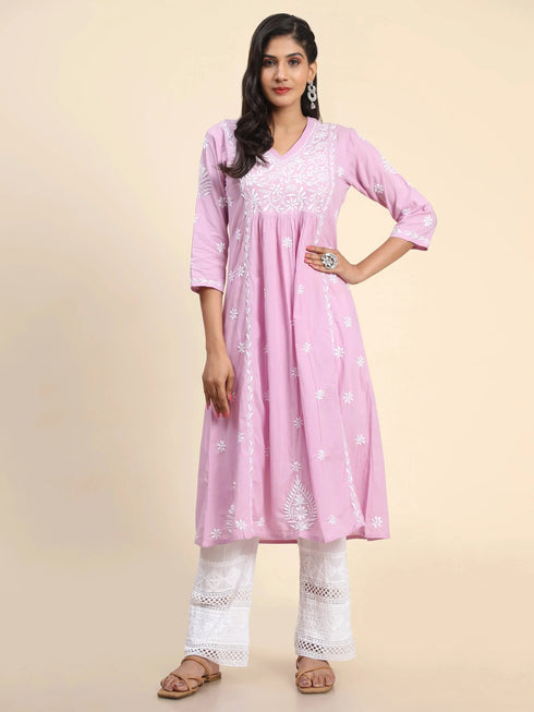 Noor Hand Embroidered Chikankari Long A-Line Kurti for Women- Lavender